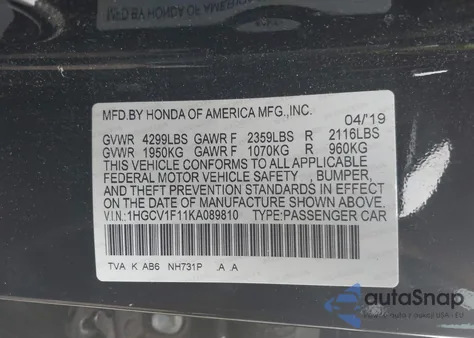 2019 Honda Accord Lx z USA, uszkodzony, nr VIN 1HGCV1F11KA089810